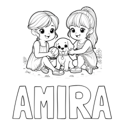 Online izdelana pobarvanka - Pobarvanka imena AMIRA in pobarvanka prijateljic s kužkom