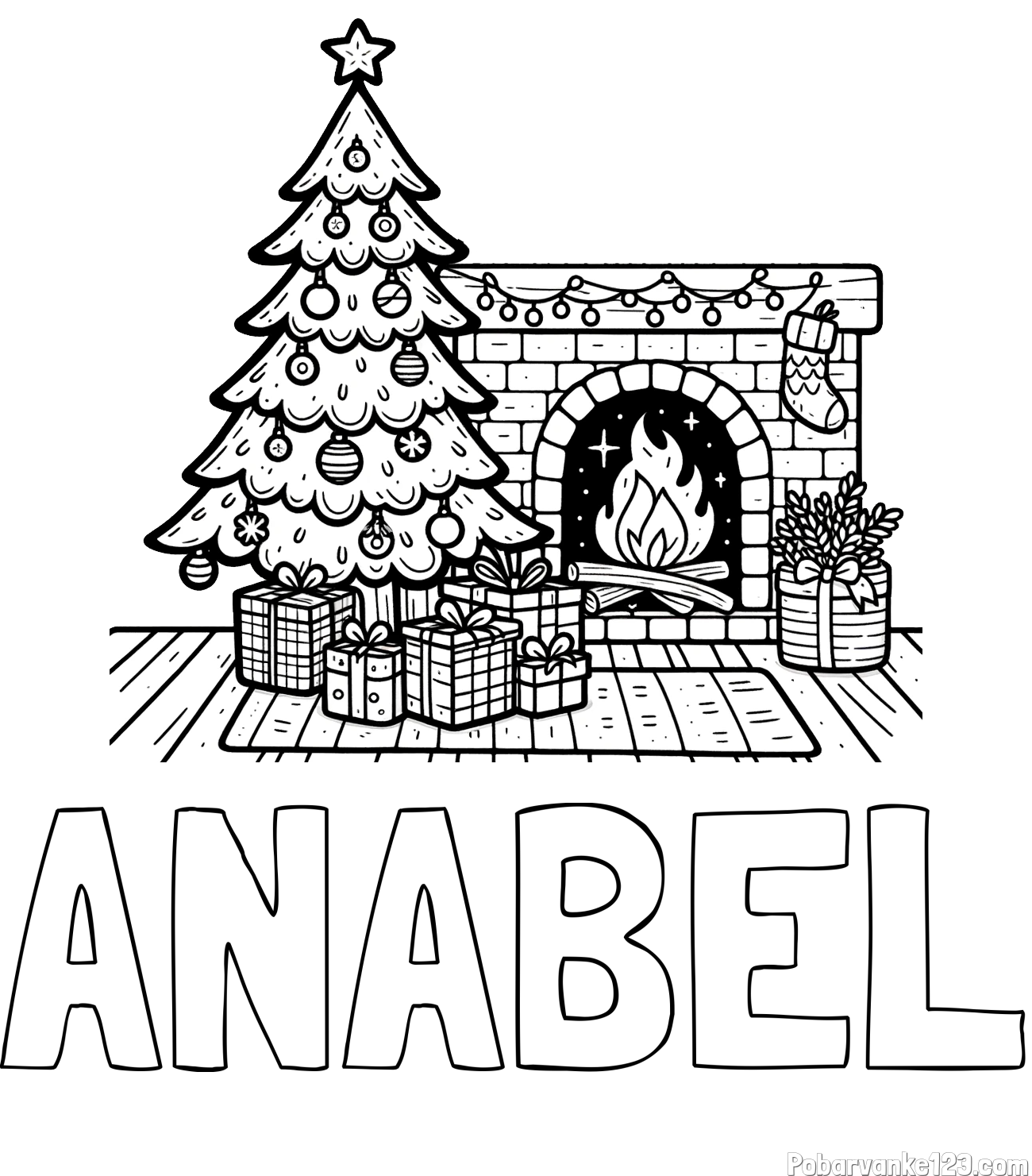 Pobarvanka imena ANABEL in pobarvanka božične noči z božično smrečico, darili ter kaminom