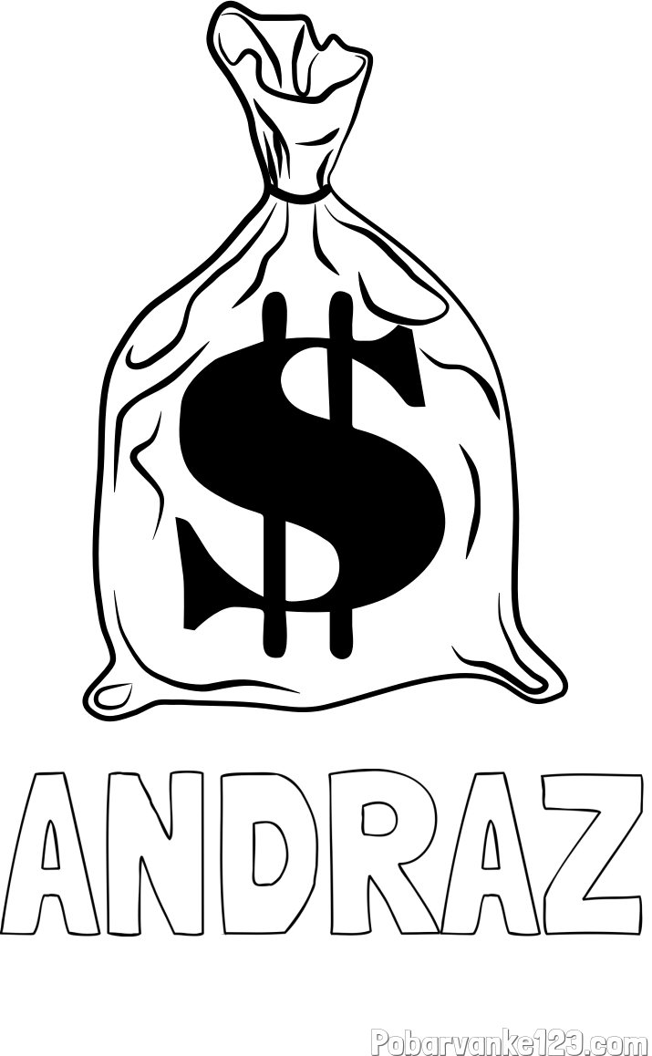 Pobarvanka imena ANDRAŽ in pobarvanka žaklja z denarjem