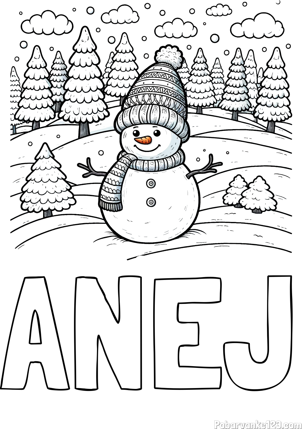 Pobarvanka imena ANEJ in pobarvanka snežaka v naravi obdanega z zasneženimi smrekami