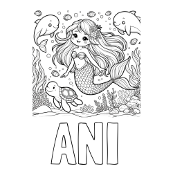 Online izdelana pobarvanka - Pobarvanka imena ANI in pobarvana ljubke morske deklice s prijatelji