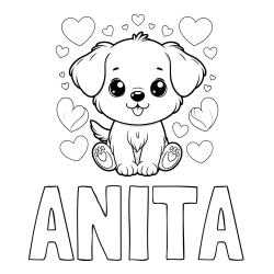 Online izdelana pobarvanka - Pobarvanka imena ANITA in pobarvanka ljubkega kužka obdanega s srčki