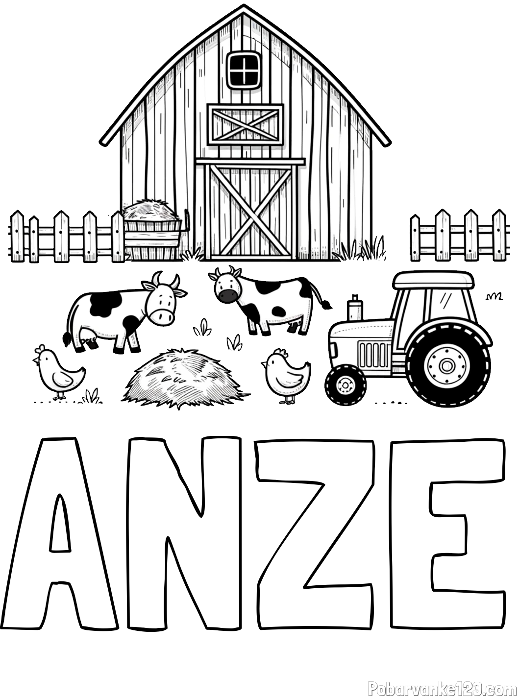 Pobarvanka imena ANŽE in otroška pobarvanka velikega senika, krav in traktorja