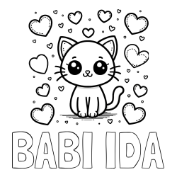 Online izdelana pobarvanka - Pobarvanka imena BABI IDA in pobarvanka ljubke mucke obdane z veliko srčki