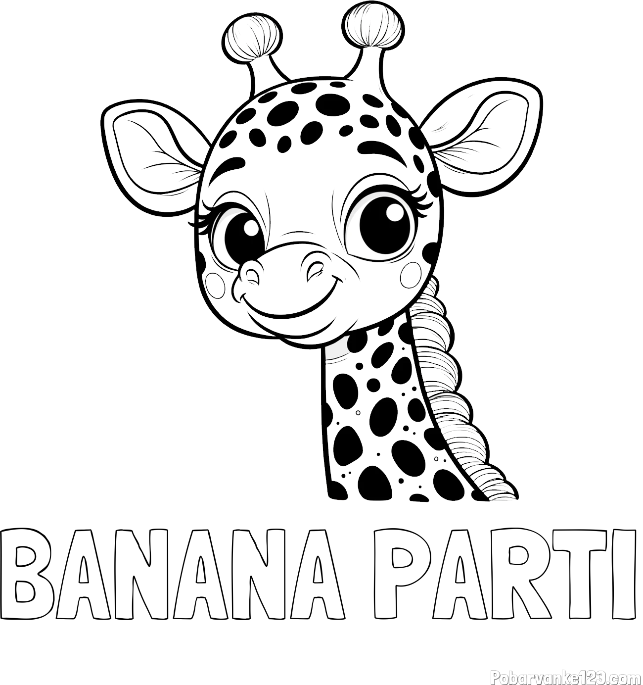 Pobarvanka imena BANANA PARTI in pobarvanka ljubke žirafe z velikimi očmi