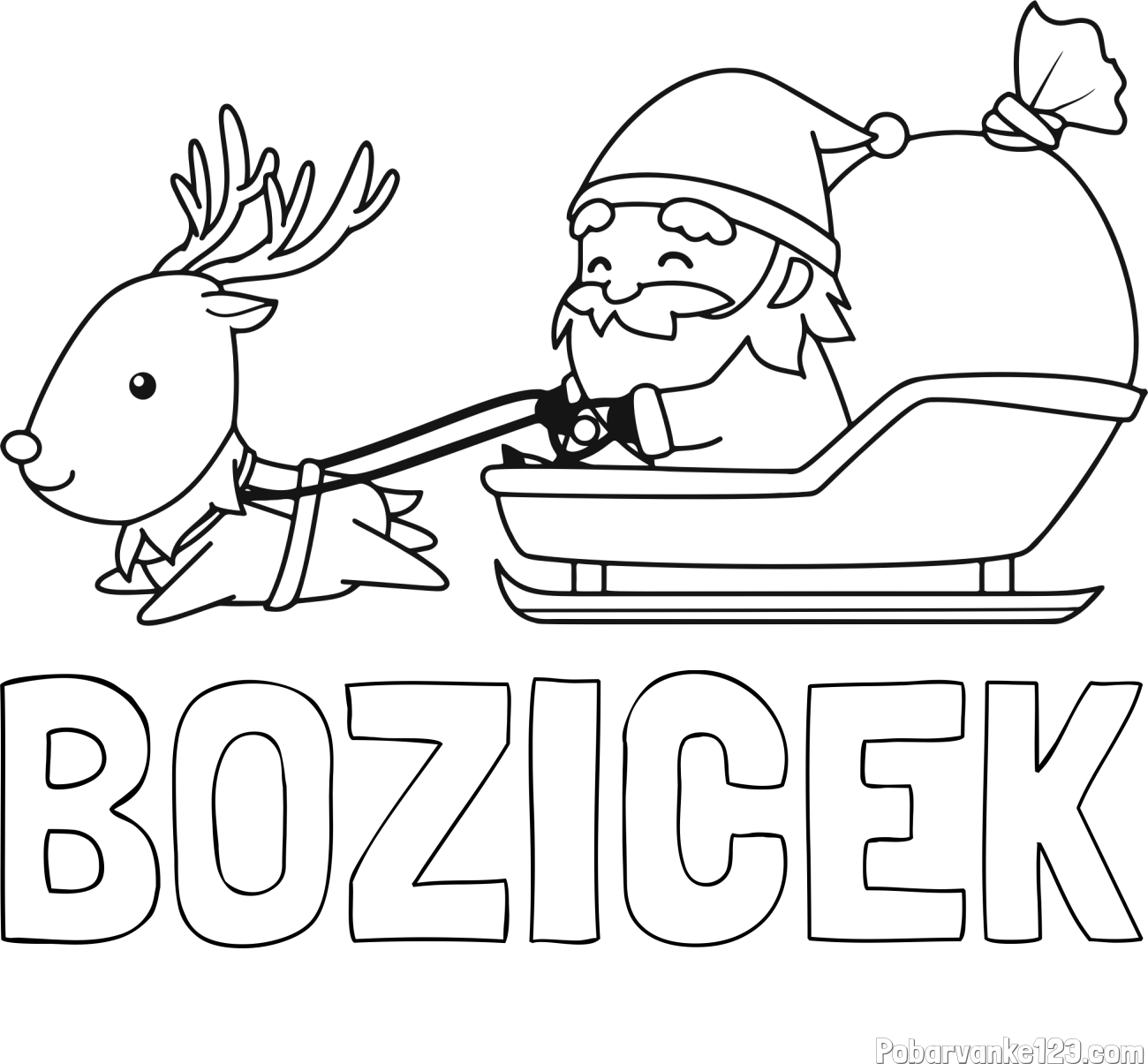 Pobarvanka imena BOŽIČEK in pobarvanka Božička na saneh ter jelenčka Rudolfa