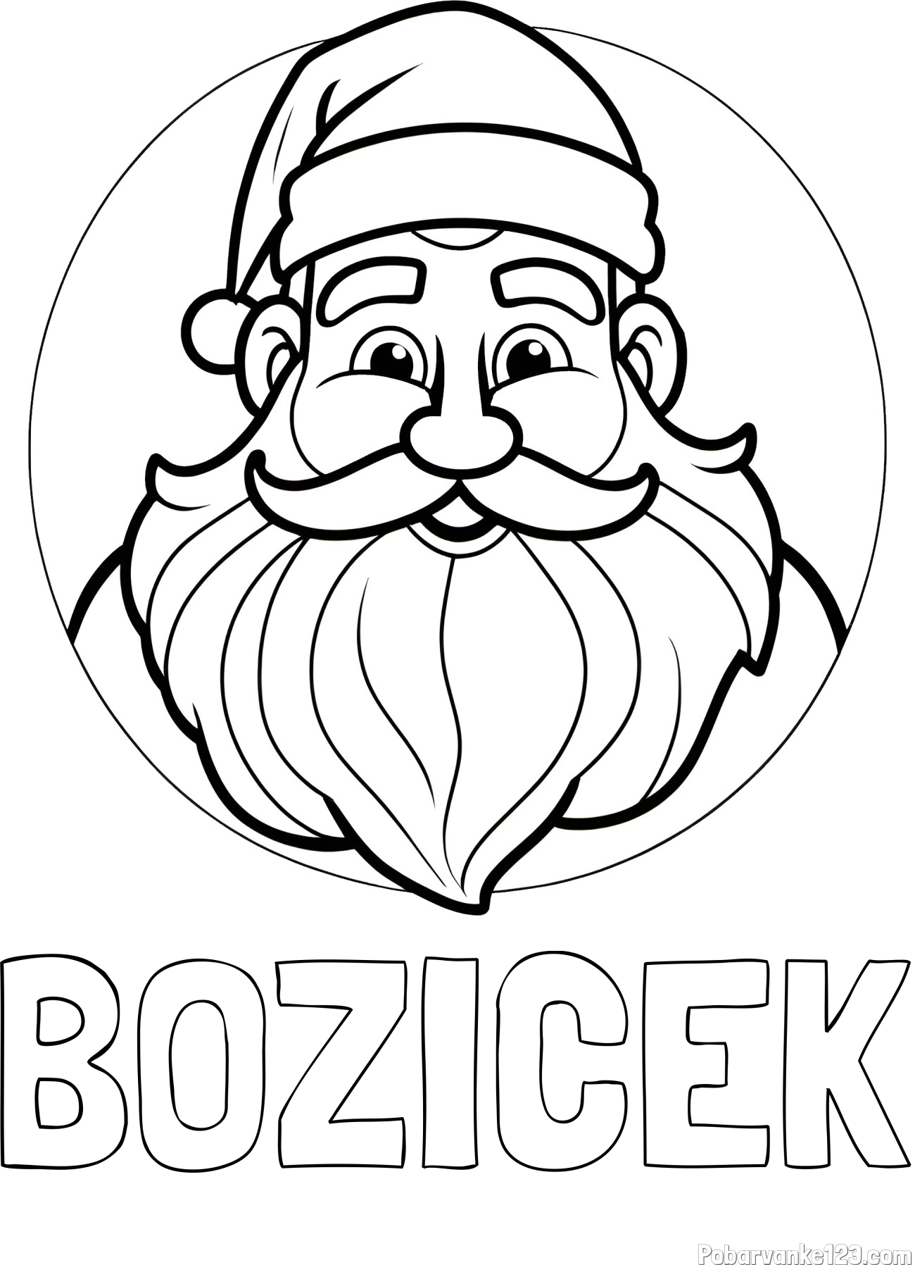 Pobarvanka imena BOŽIČEK in pobarvanka ljubkega in nasmejanega Božička