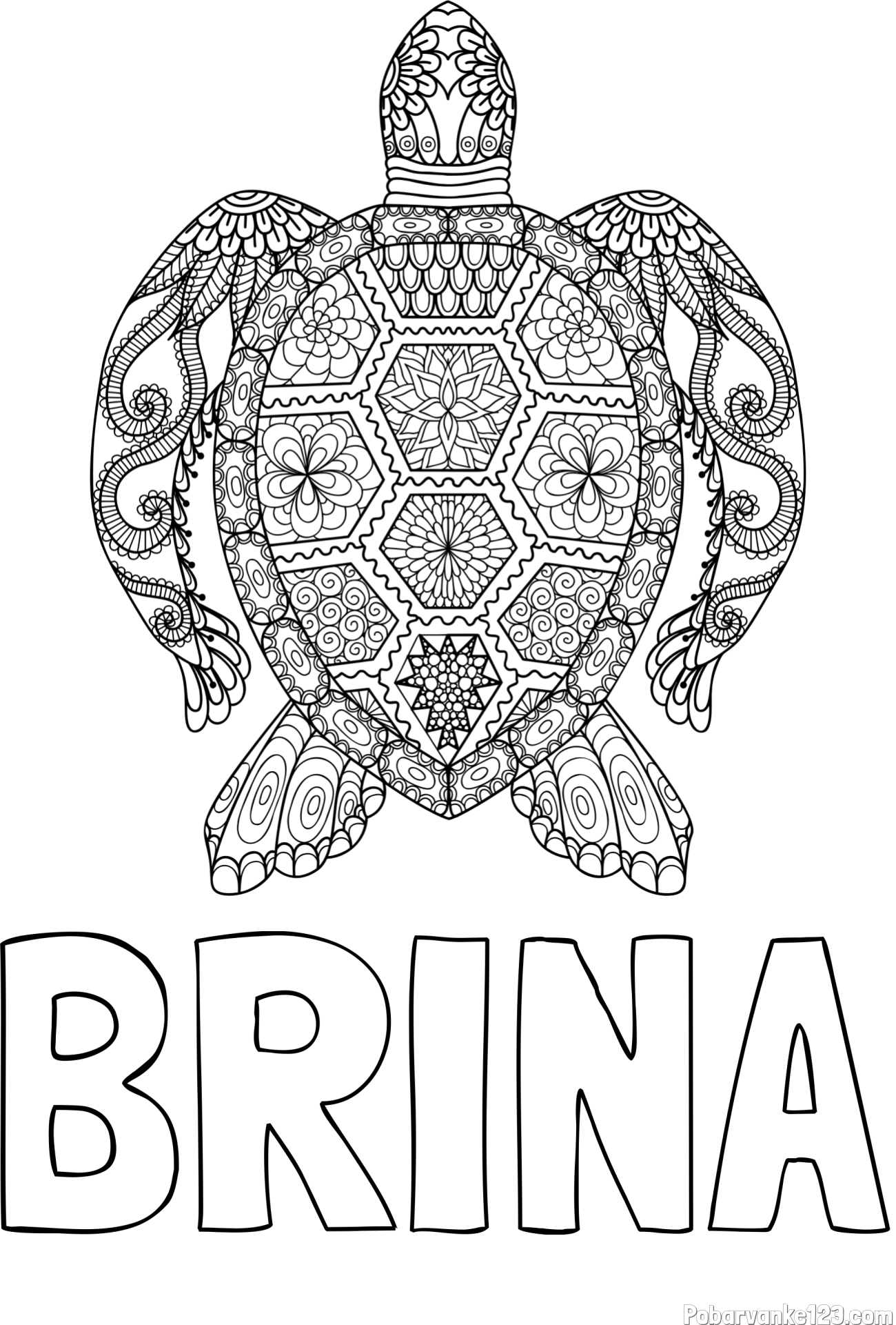Pobarvanka imena BRINA in pobarvanka želve - mandale