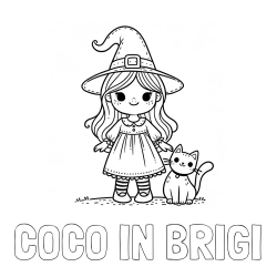 Online izdelana pobarvanka - Pobarvanka imena COCO IN BRIGI in Čudovita pobarvanka ljubke čarovnice in nasmejane mačke