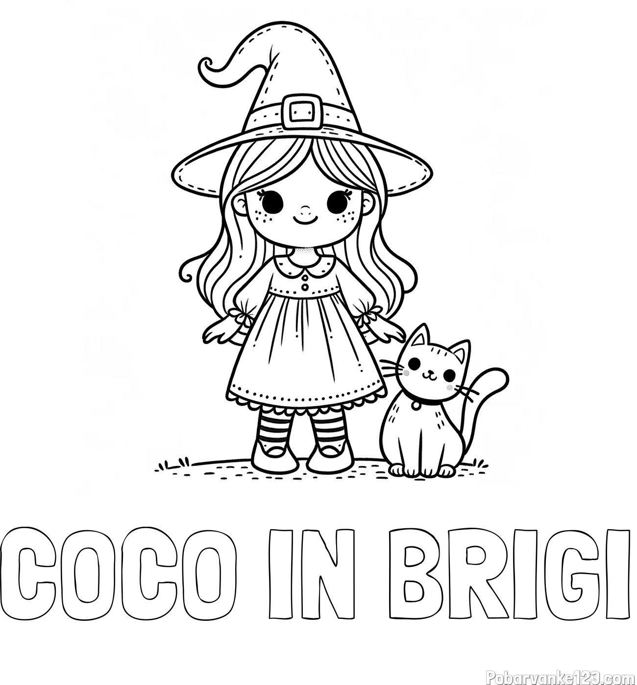 Pobarvanka imena COCO IN BRIGI in Čudovita pobarvanka ljubke čarovnice in nasmejane mačke