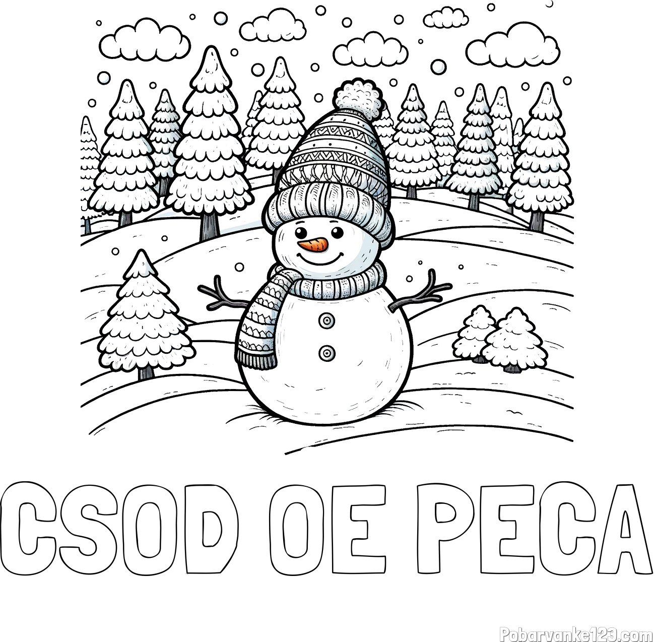 Pobarvanka imena CŠOD OE PECA in pobarvanka snežaka v naravi obdanega z zasneženimi smrekami