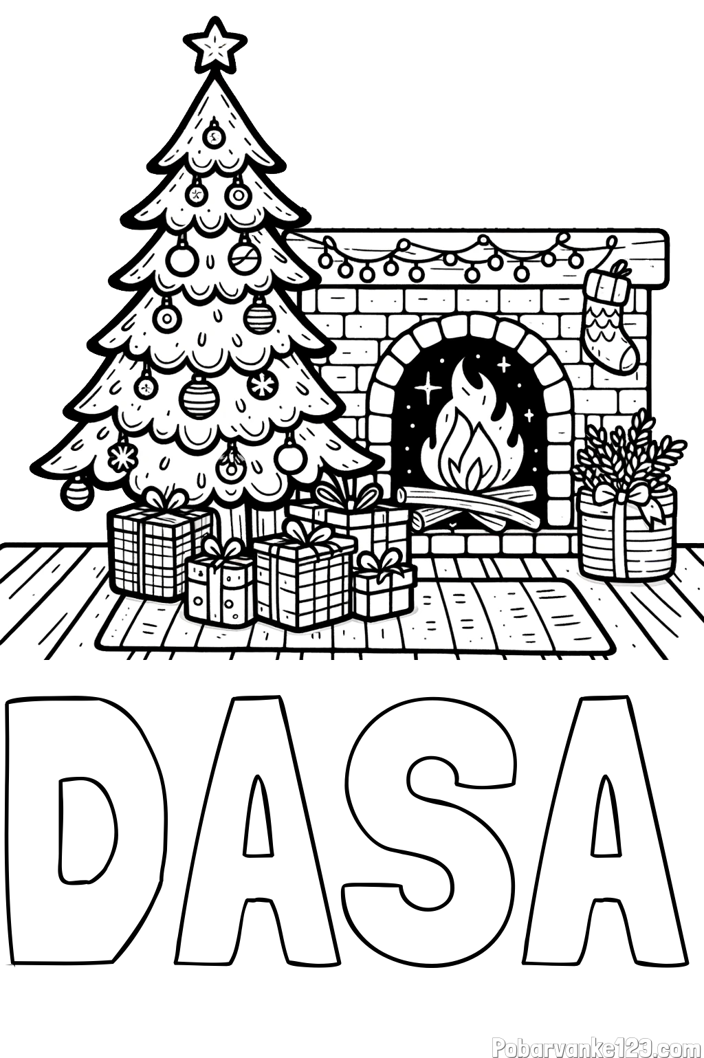 Pobarvanka imena DASA in pobarvanka božične noči z božično smrečico, darili ter kaminom