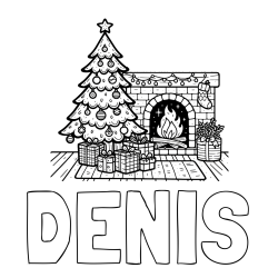 Online izdelana pobarvanka - Pobarvanka imena DENIS in pobarvanka božične noči z božično smrečico, darili ter kaminom
