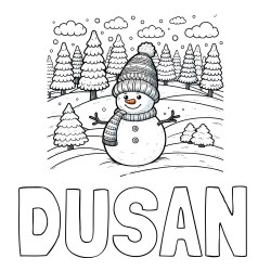 Online izdelana pobarvanka - Pobarvanka imena DUŠAN in pobarvanka snežaka v naravi obdanega z zasneženimi smrekami