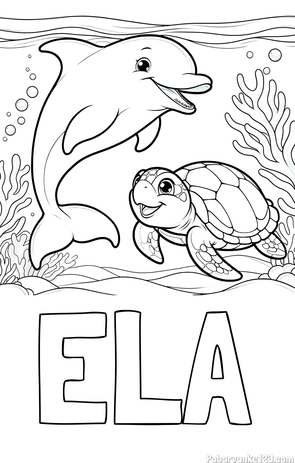 Pobarvanka imena ELA in pobarvanka ljubkega delfina z želvo v morju