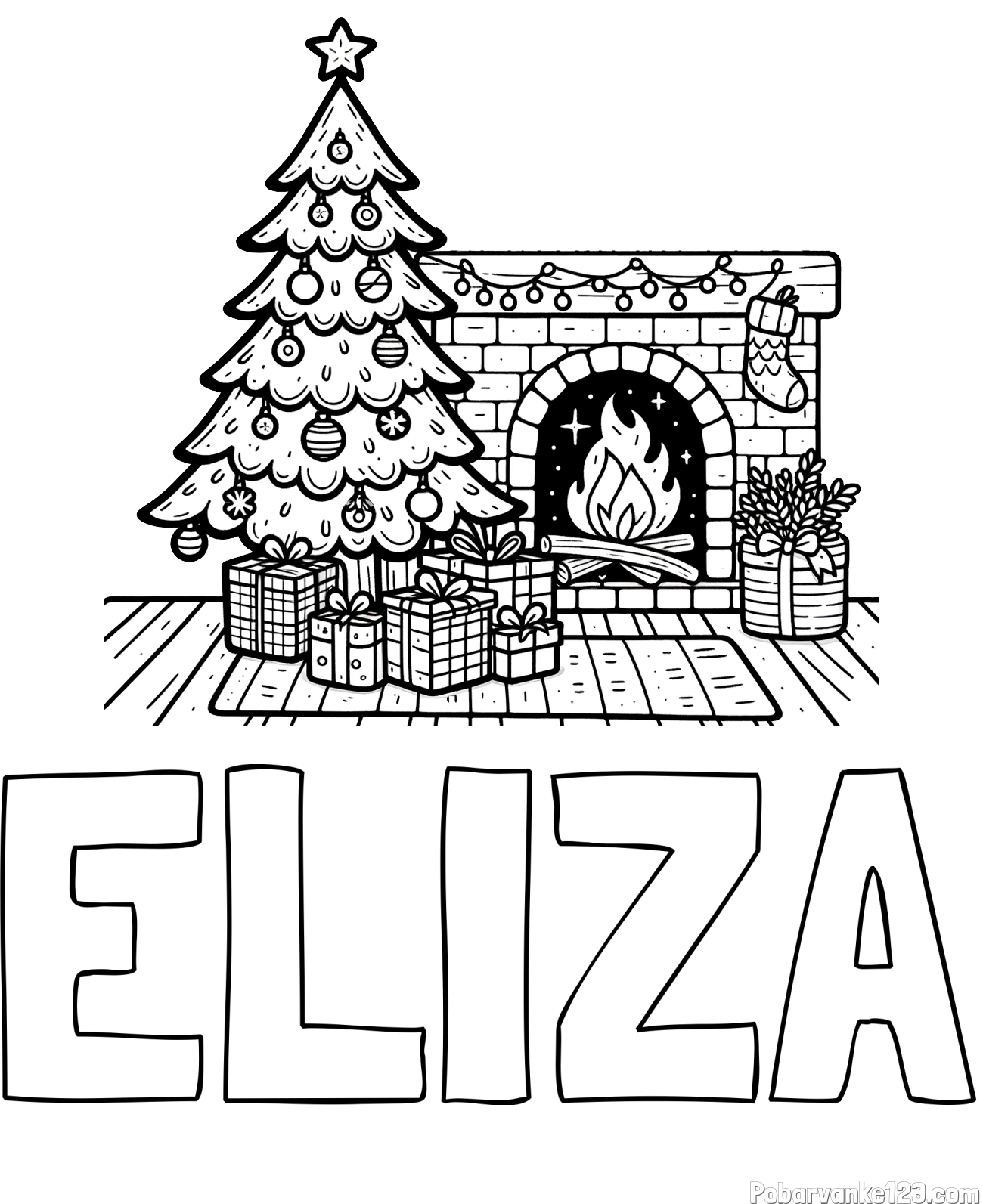 Pobarvanka imena ELIZA in pobarvanka božične noči z božično smrečico, darili ter kaminom