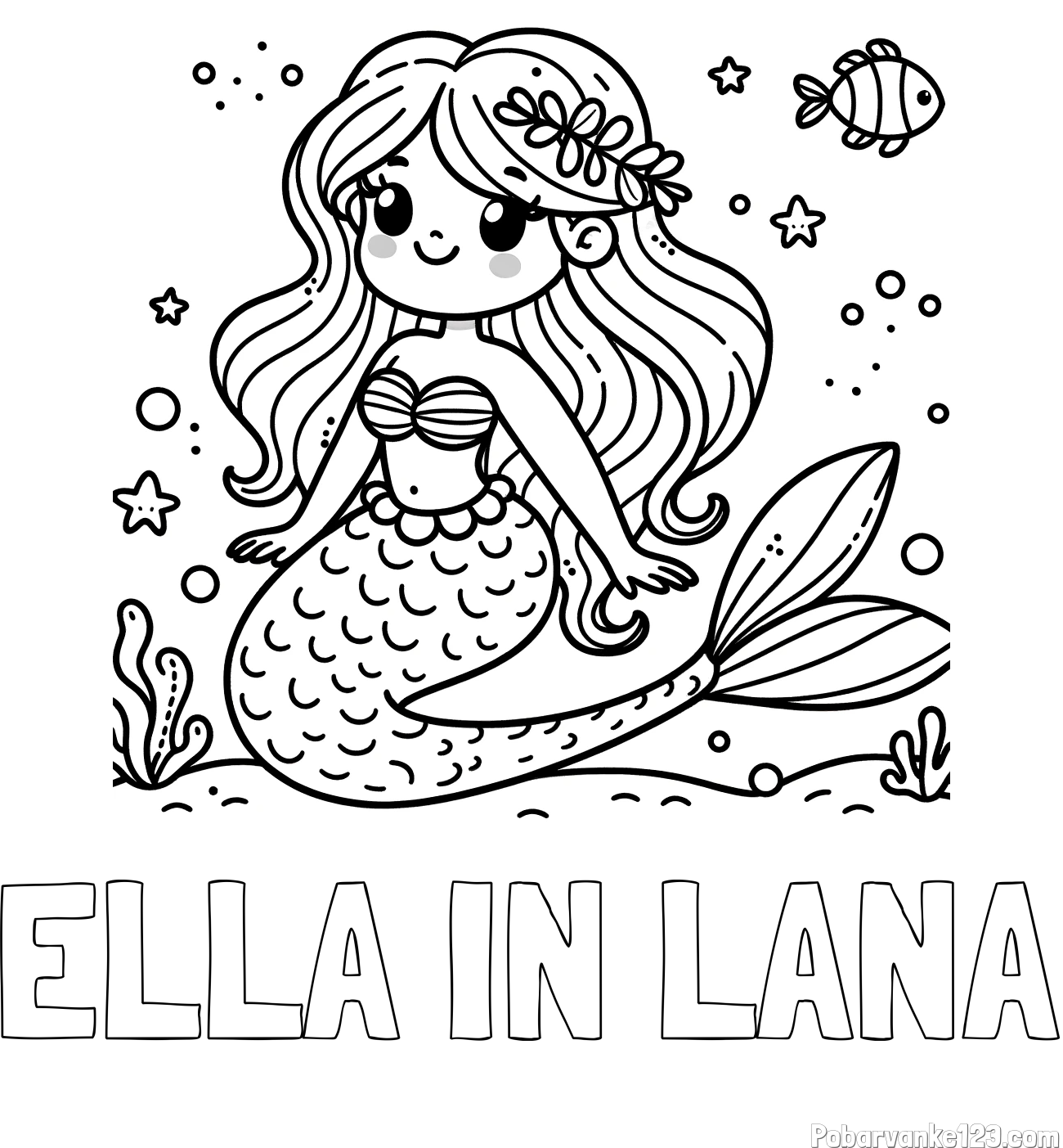 Pobarvanka imena ELLA IN LANA in pobarvanka ljubke morske deklice v morju