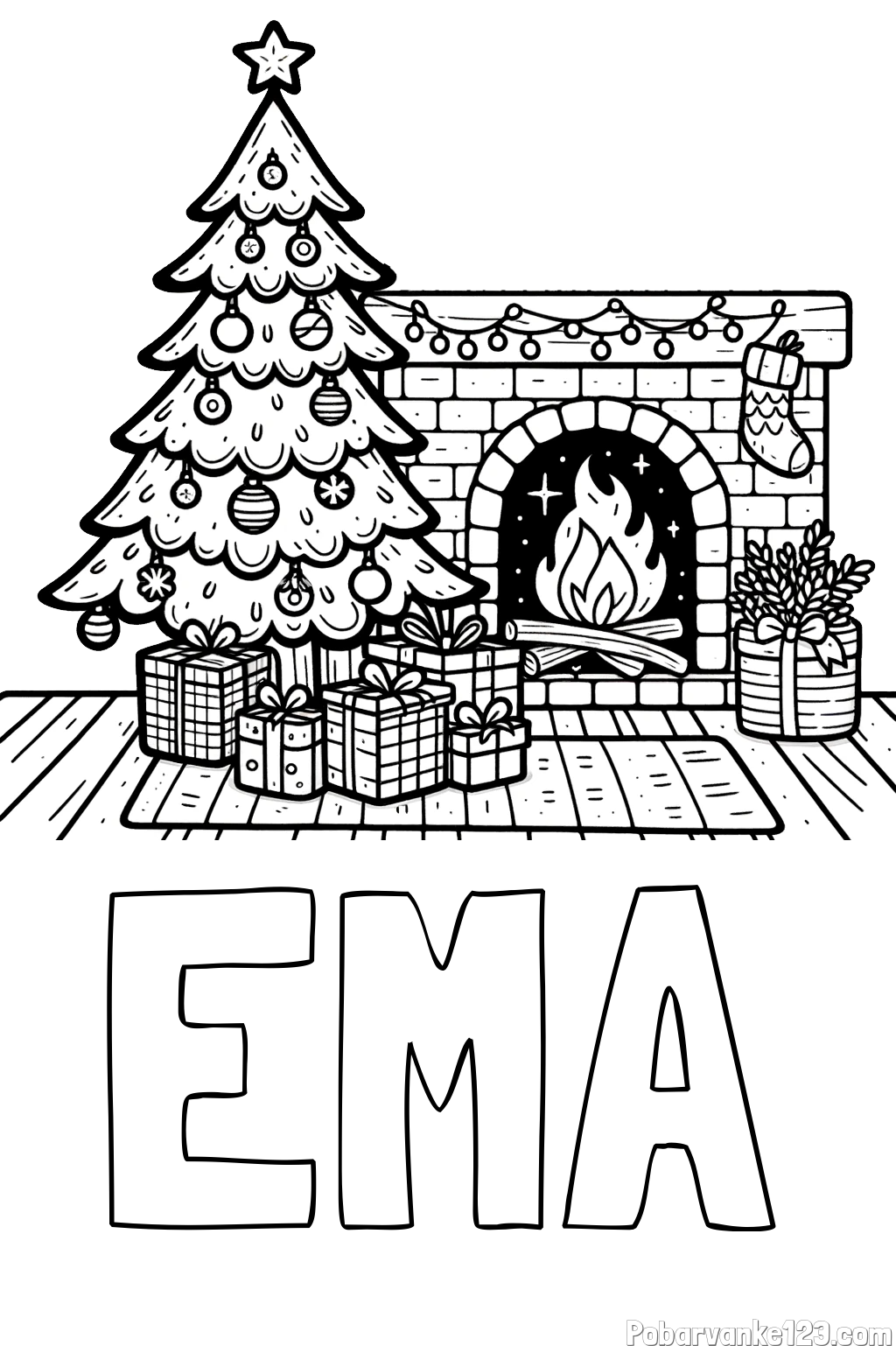 Pobarvanka imena EMA in pobarvanka božične noči z božično smrečico, darili ter kaminom