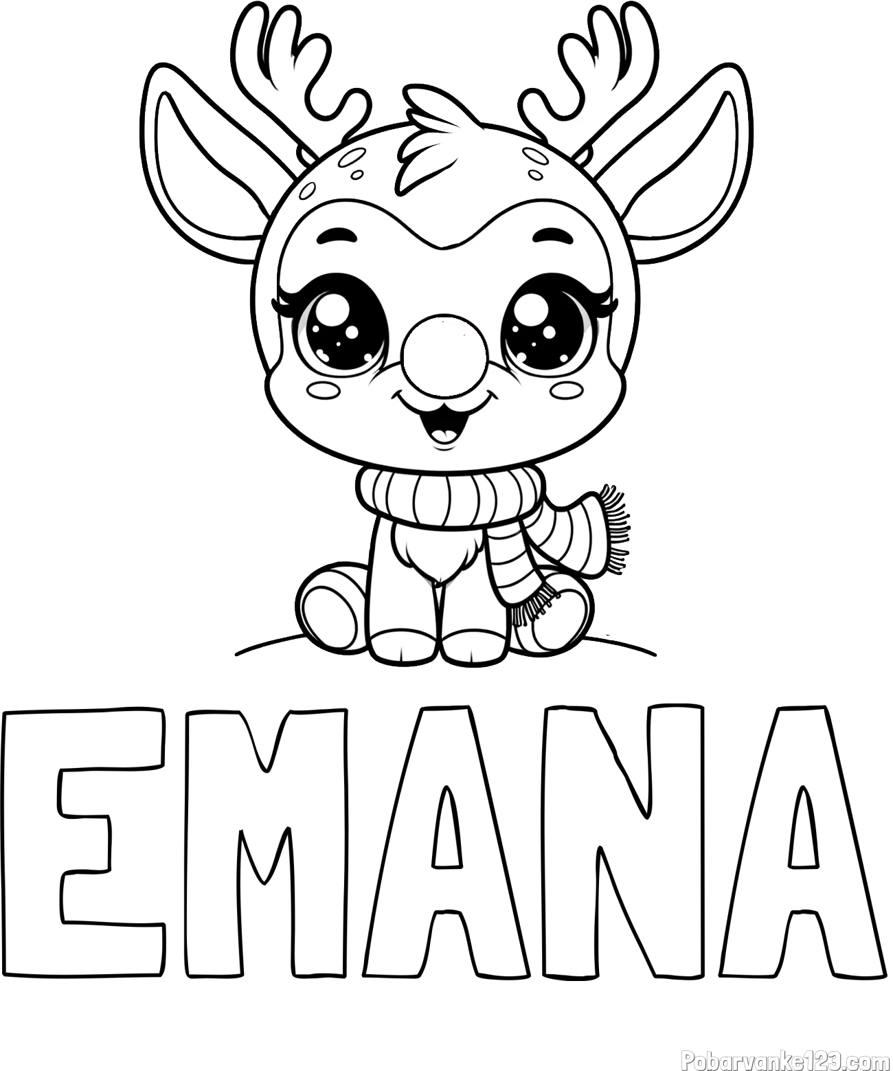 Pobarvanka imena EMANA in otroška pobarvanka jelenčka Rudolfa s šalom okoli vratu