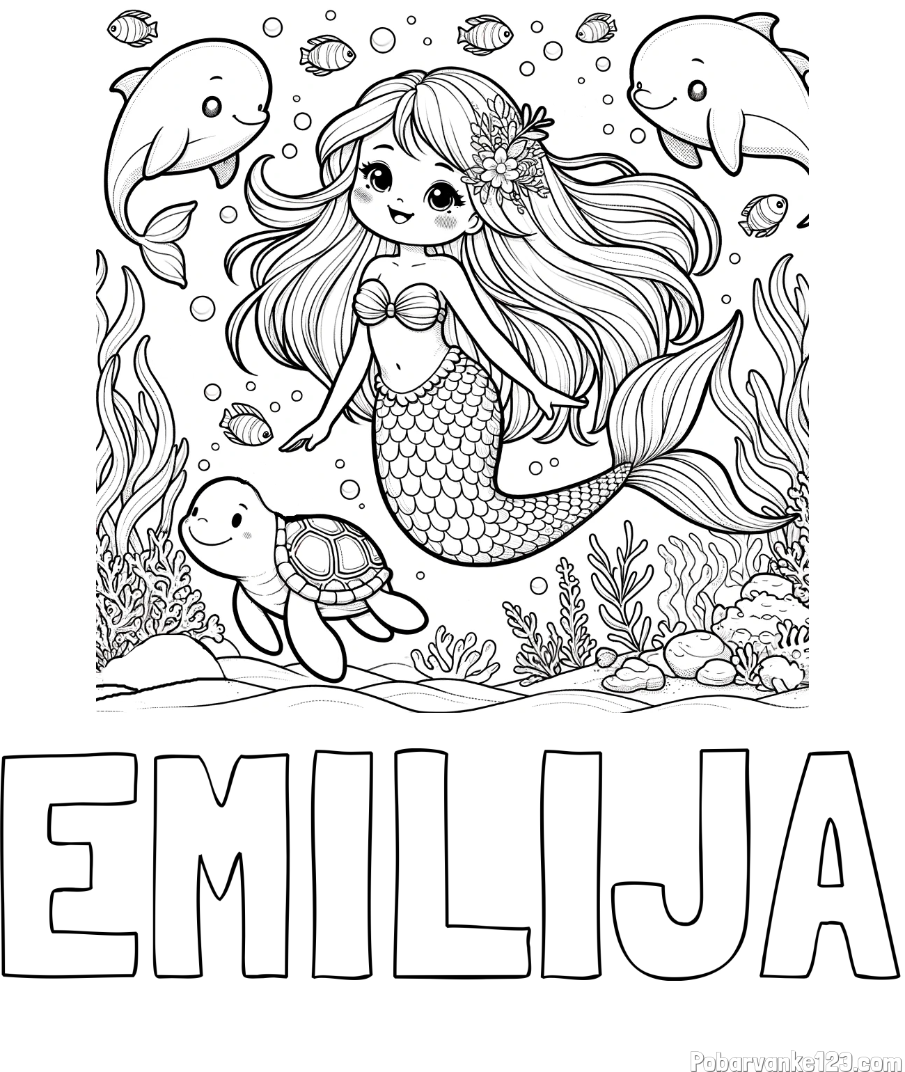Pobarvanka imena EMILIJA in pobarvana ljubke morske deklice s prijatelji