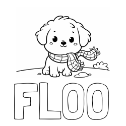 Online izdelana pobarvanka - Pobarvanka imena FLOO in pobarvanka prikupnega psička