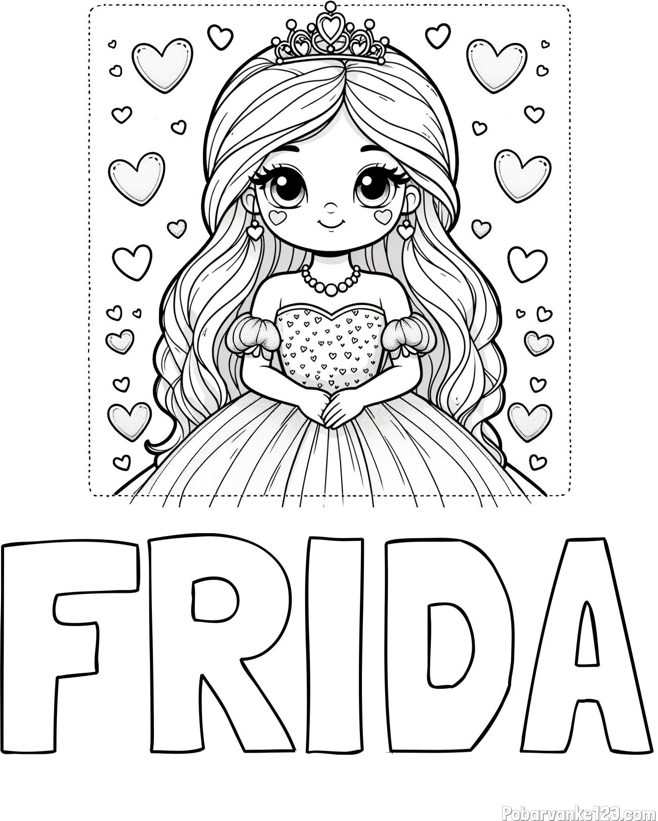 Pobarvanka imena FRIDA in pobarvanka ljubke princese obdane s srčki