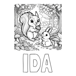 Online izdelana pobarvanka - Pobarvanka imena IDA in pobarvanka veveričke in zajčka v gozdu