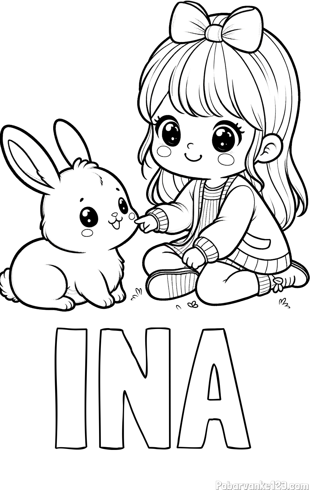 Pobarvanka imena INA in pobarvanka ljubke punčke, ki se igra z zajčkom