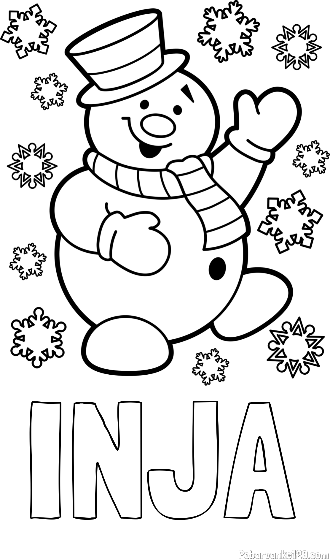Pobarvanka imena INJA in pobarvanka veselega snežaka