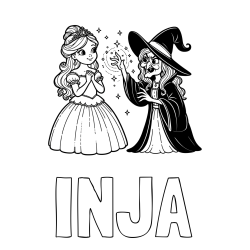 Pobarvanka imena INJA in pobarvanka zlobne čarovnice, ki poskuša začarati princesko