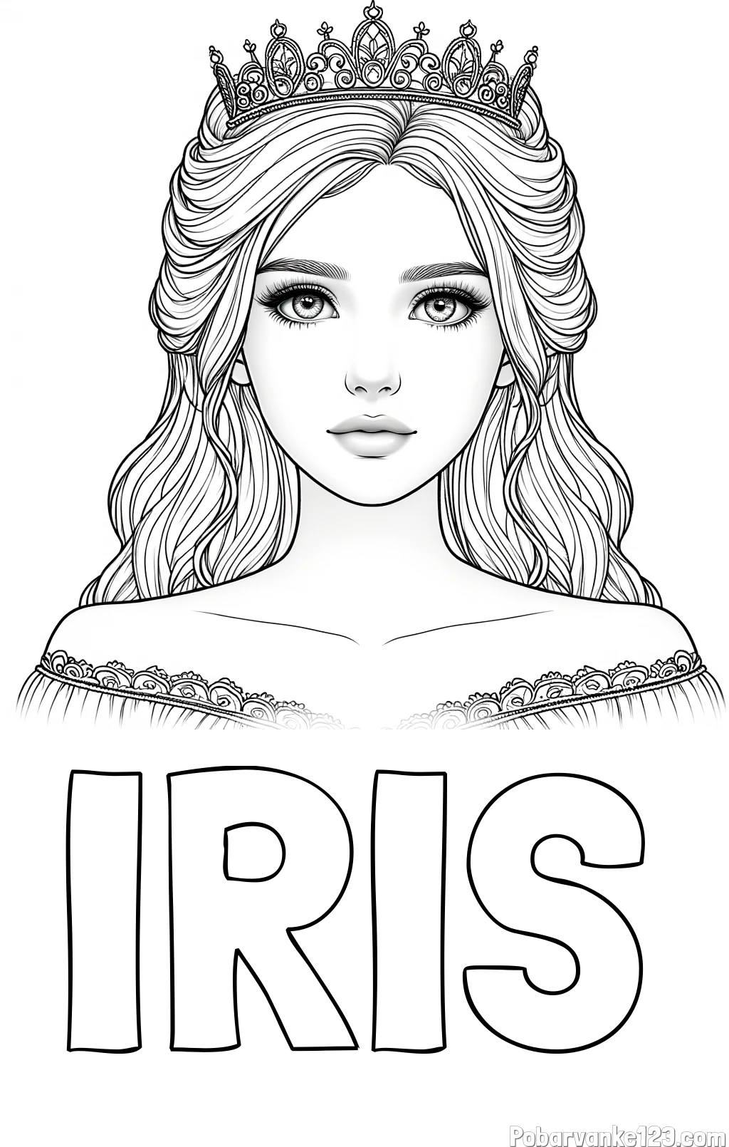 Pobarvanka imena IRIS in pobarvanka prikupne princeske s čudovitimi očmi