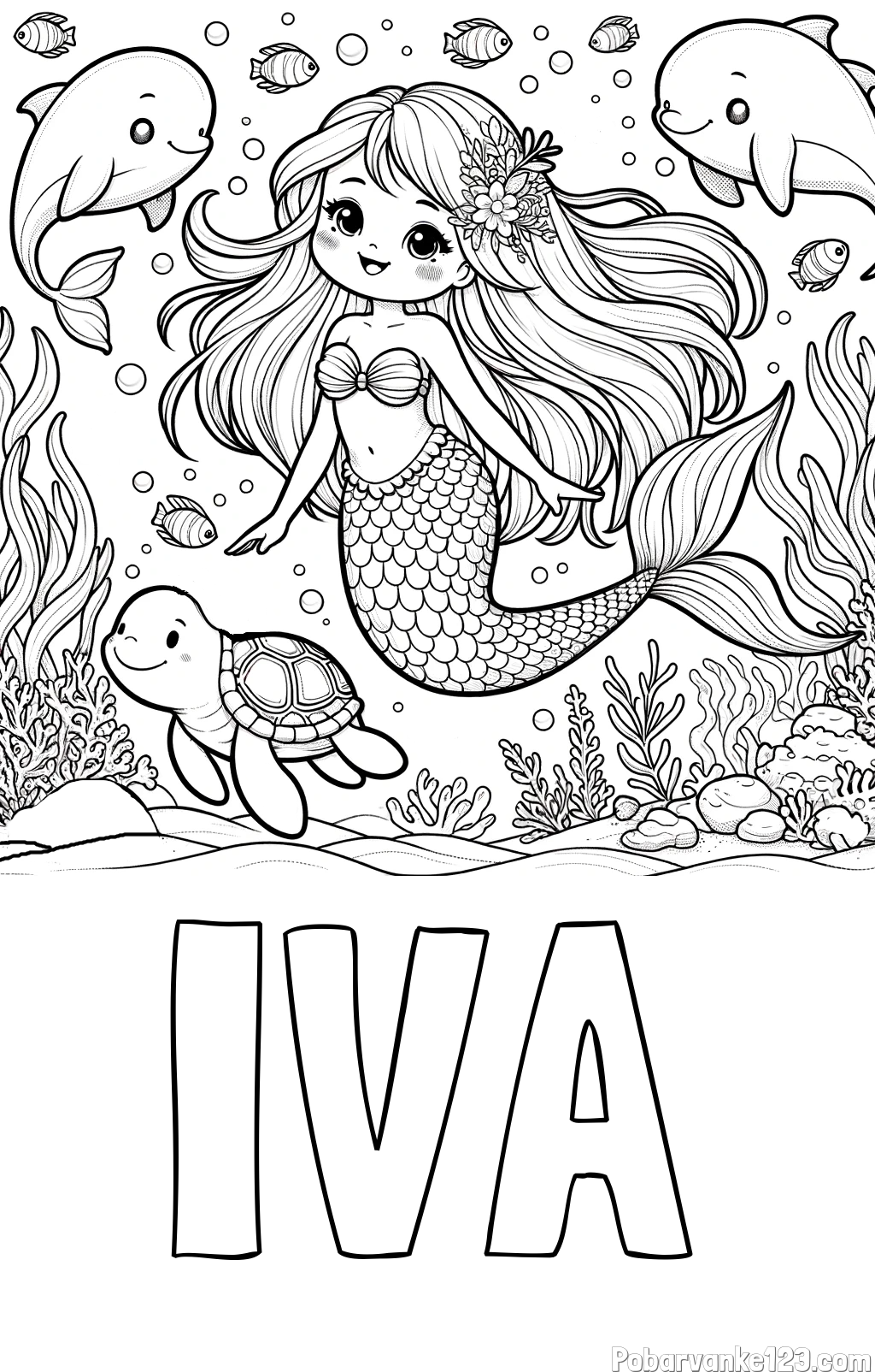 Pobarvanka imena IVA in pobarvana ljubke morske deklice s prijatelji
