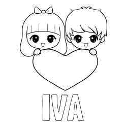 Pobarvanka imena IVA in pobarvanka fantka in deklice, ki objemata srček