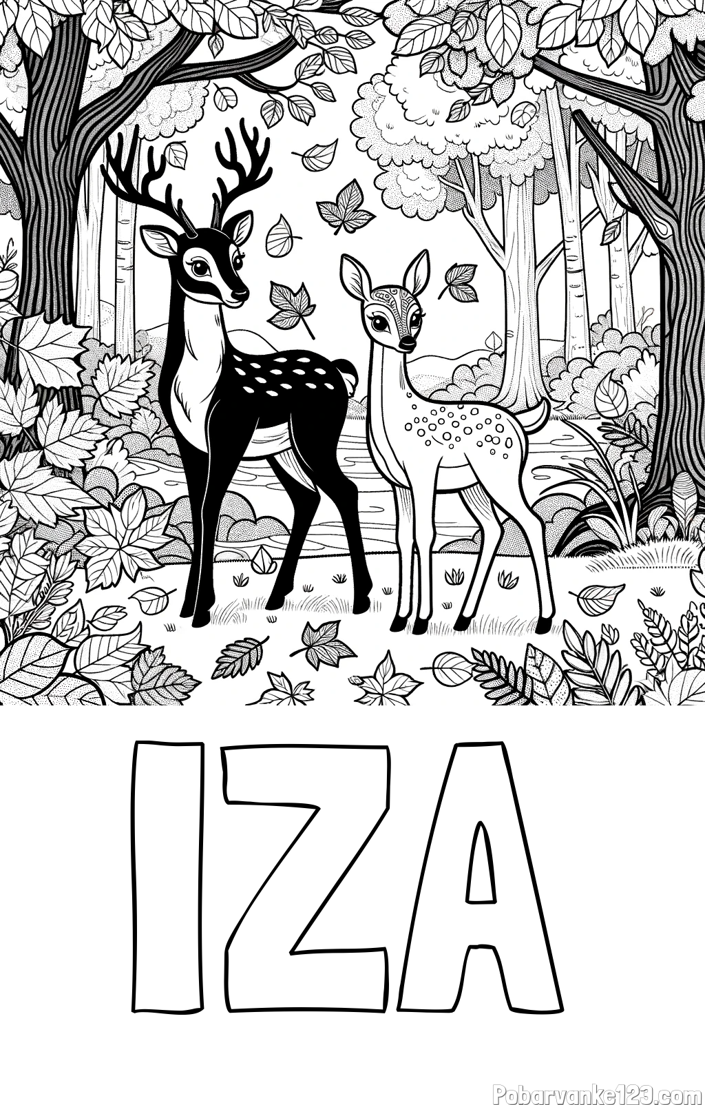 Pobarvanka imena IZA in pobarvanka srnice in jelenčka