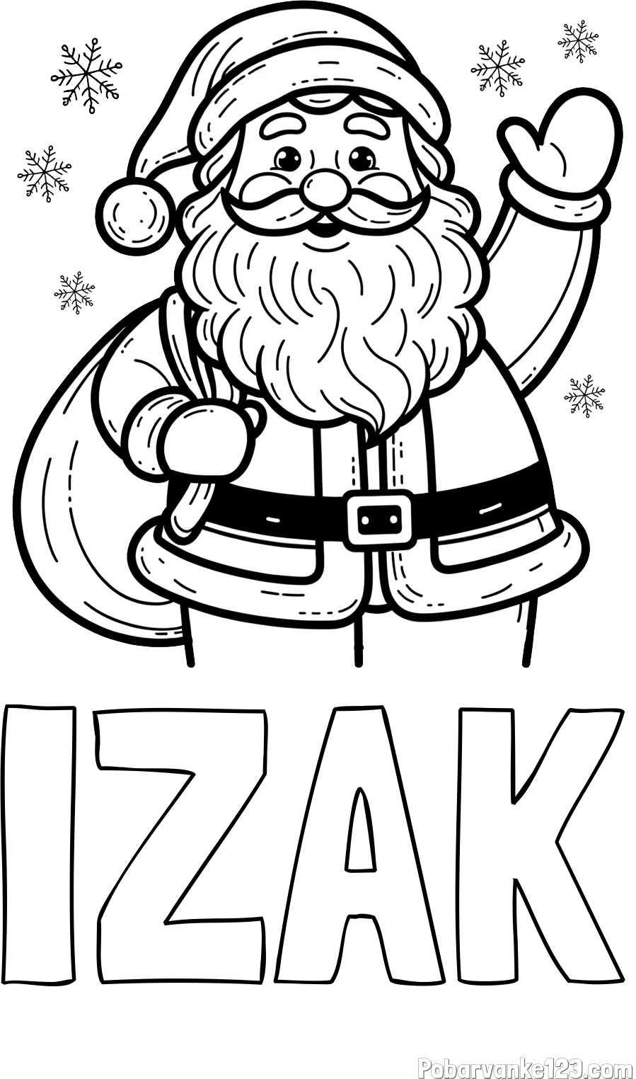 Pobarvanka imena IZAK in pobarvanka nasmejanega Božička s polno vrečo daril