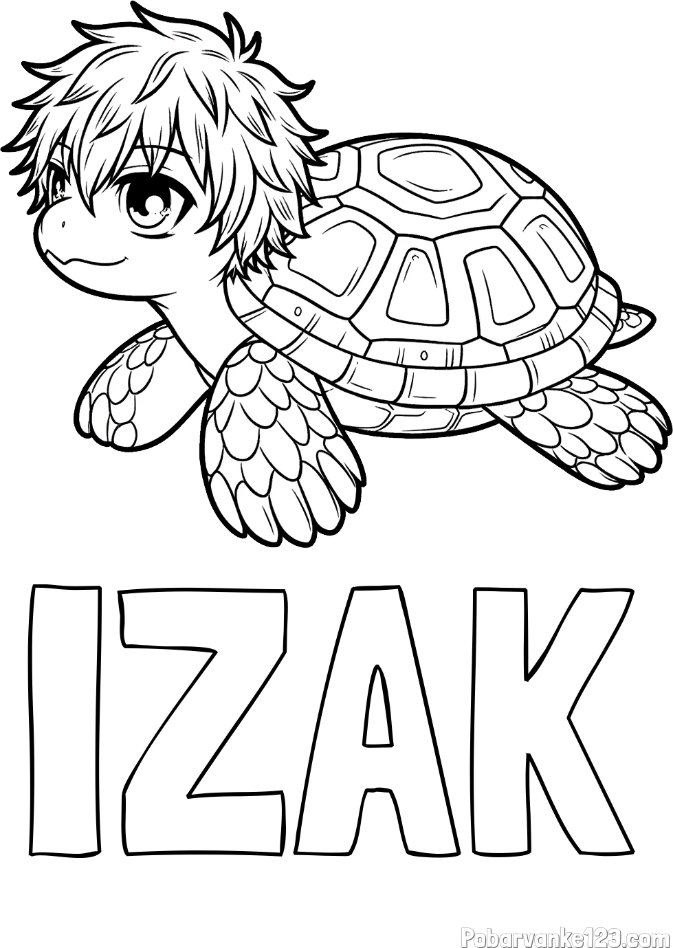 Pobarvanka imena IZAK in pobarvanka želve v stilu anime