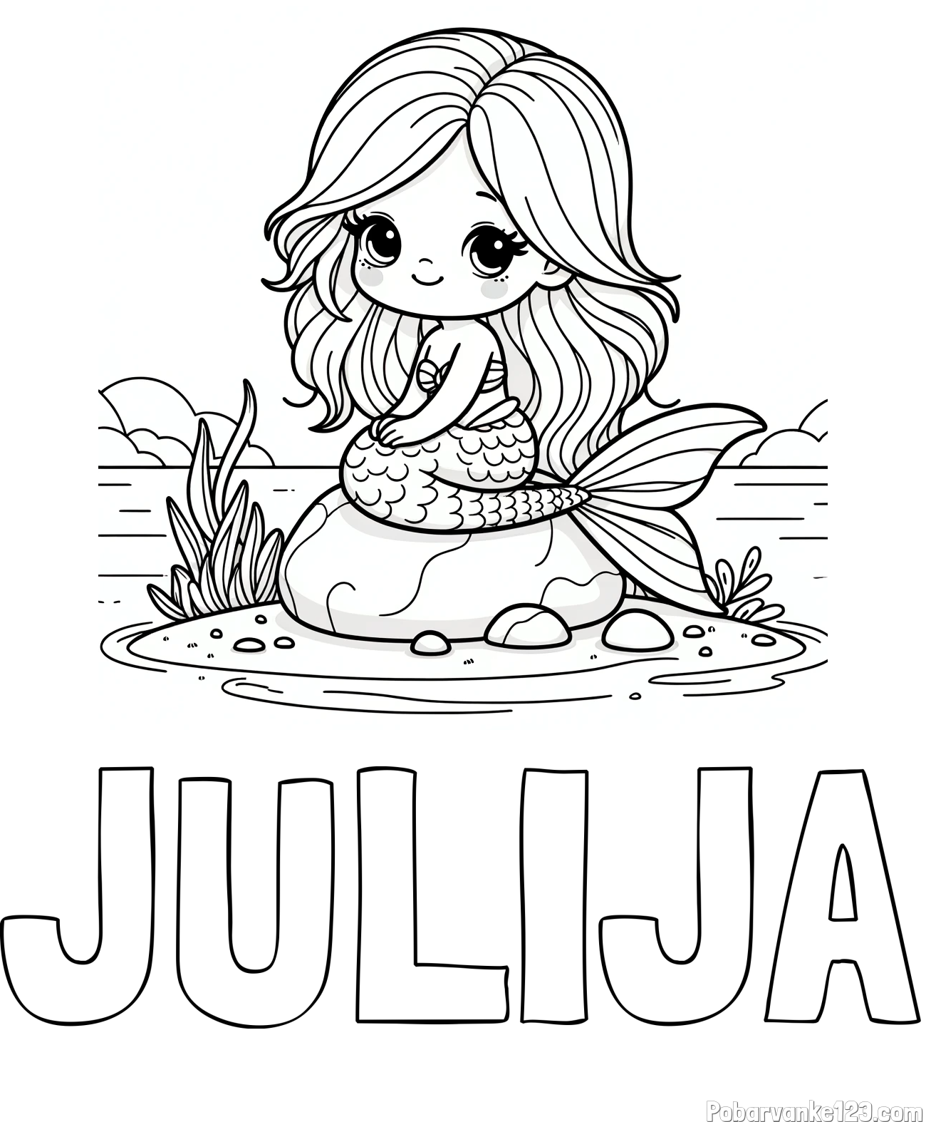 Pobarvanka imena JULIJA in pobarvanka prikupne morske deklice, ki sedi na kamnu ob obali