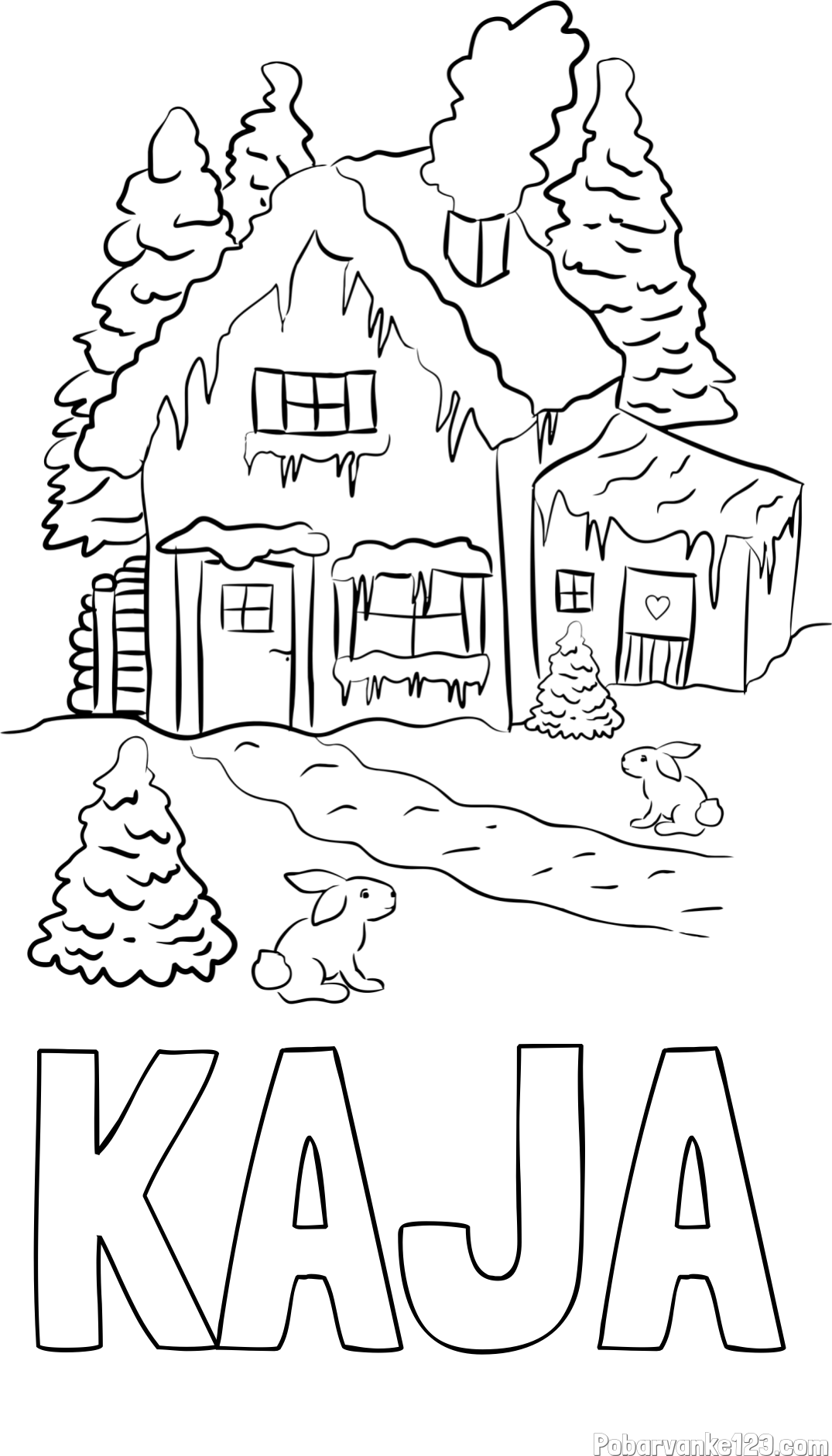 Pobarvanka imena KAJA in pobarvanka zasnežene hiše