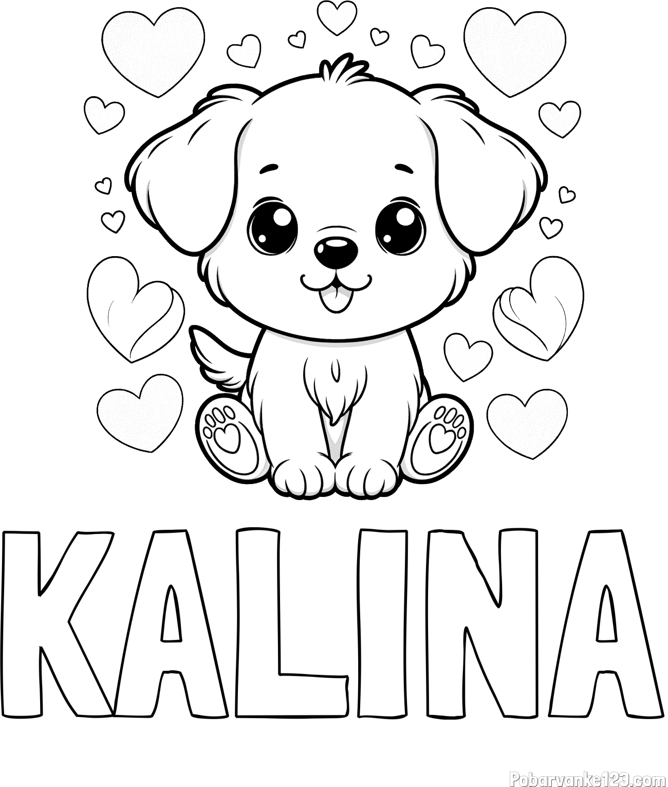 Pobarvanka imena KALINA in pobarvanka ljubkega kužka obdanega s srčki