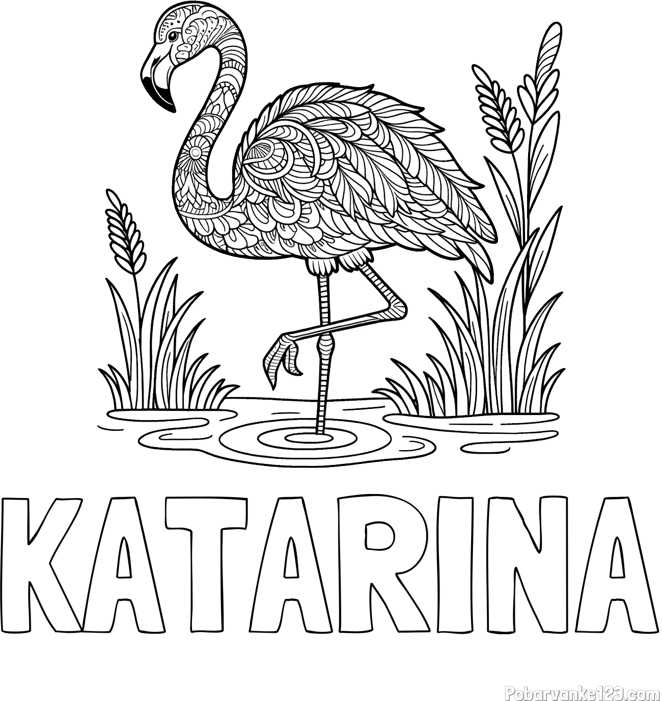 Pobarvanka imena KATARINA in pobarvanka flaminga z abstraktnimi vzorci