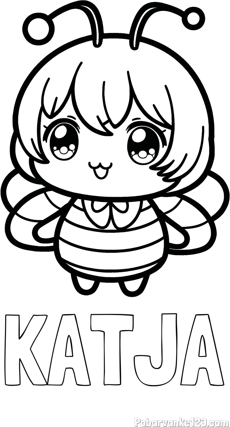 Pobarvanka imena KATJA in pobarvanka čebelice v stilu anime