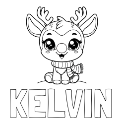 Online izdelana pobarvanka - Pobarvanka imena KELVIN in otroška pobarvanka jelenčka Rudolfa s šalom okoli vratu