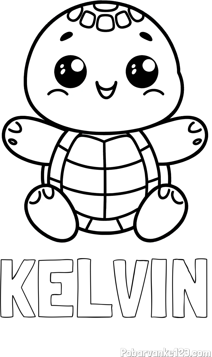 Pobarvanka imena KELVIN in otroška pobarvanka ljubke in nasmejane želvice