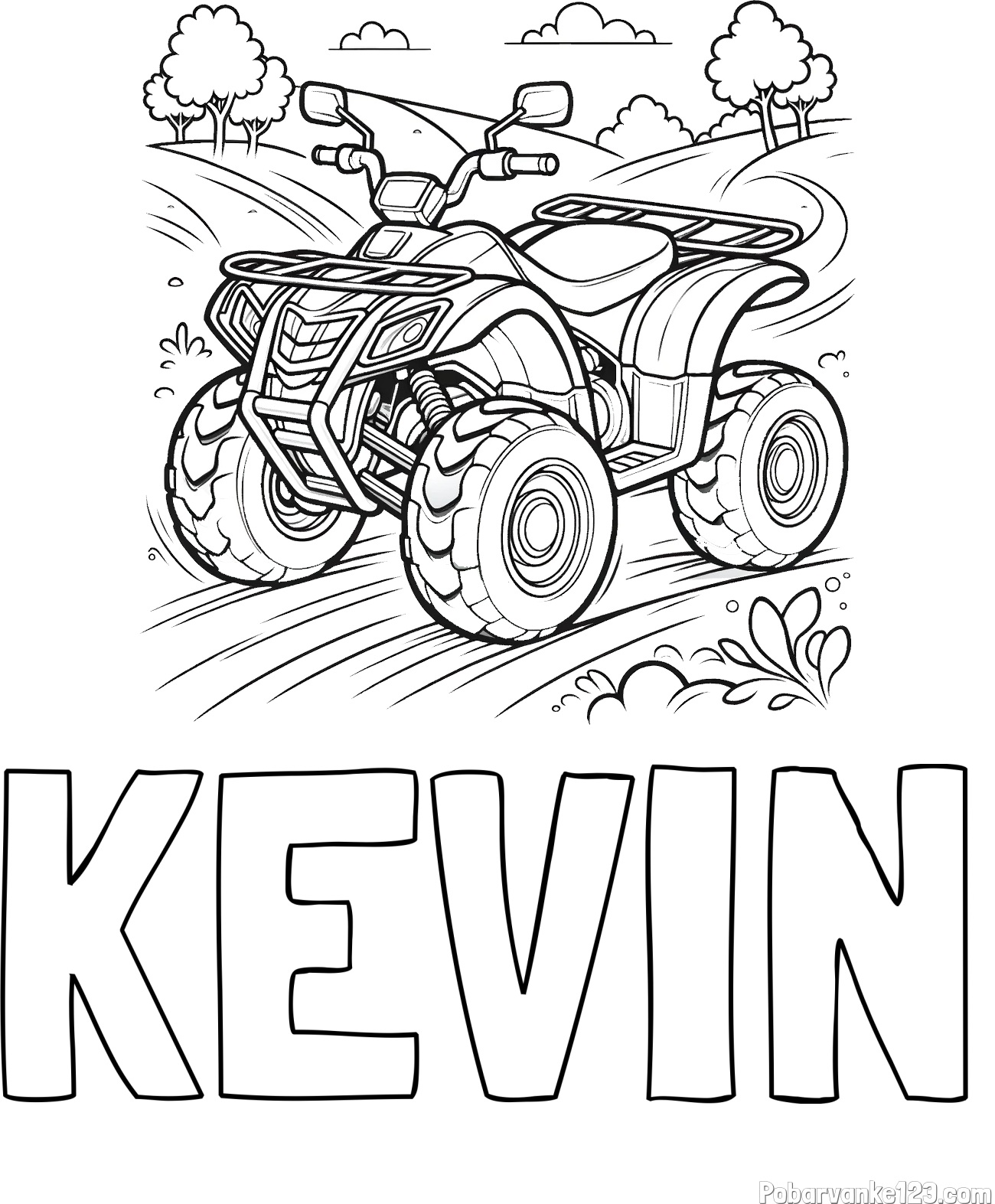 Pobarvanka imena KEVIN in pobarvanka štirikolesnika na cesti