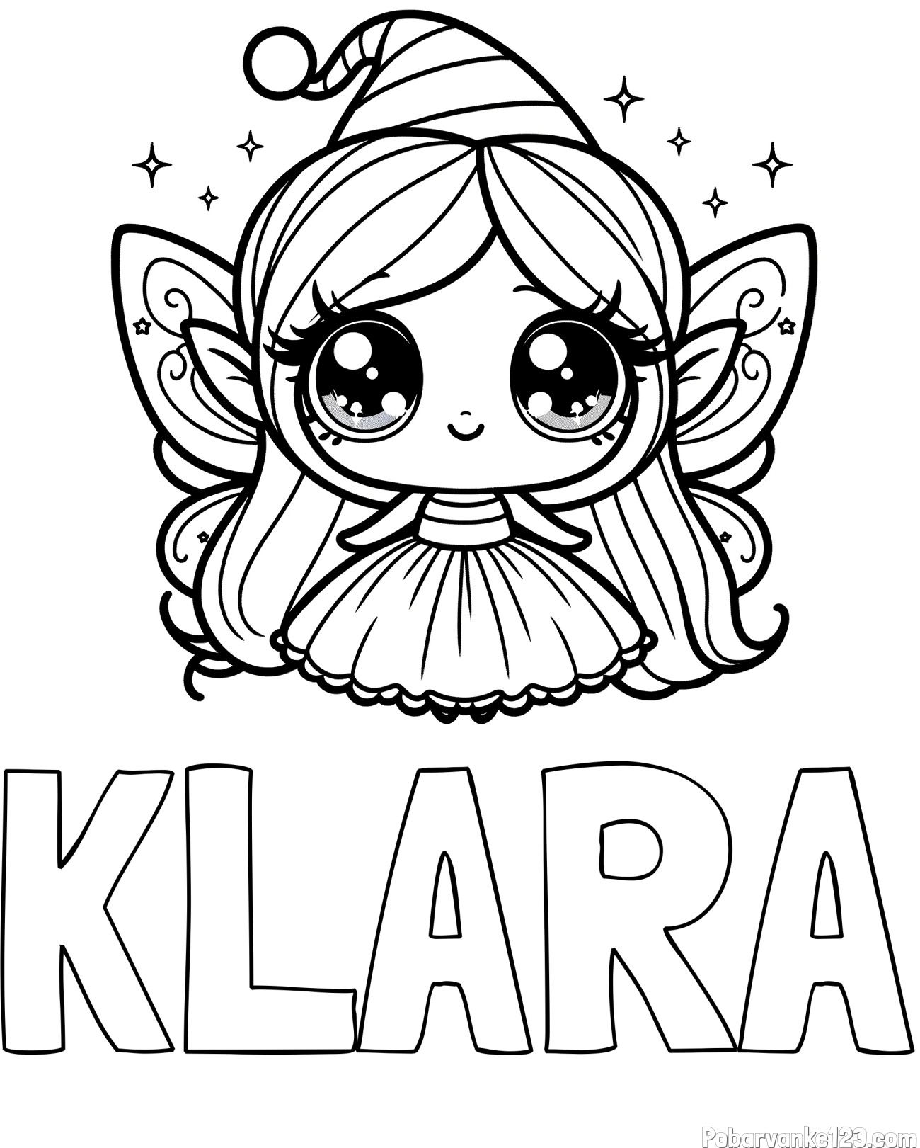 Pobarvanka imena KLARA in pobarvanka ljubke čarobne vile z velikimi očmi