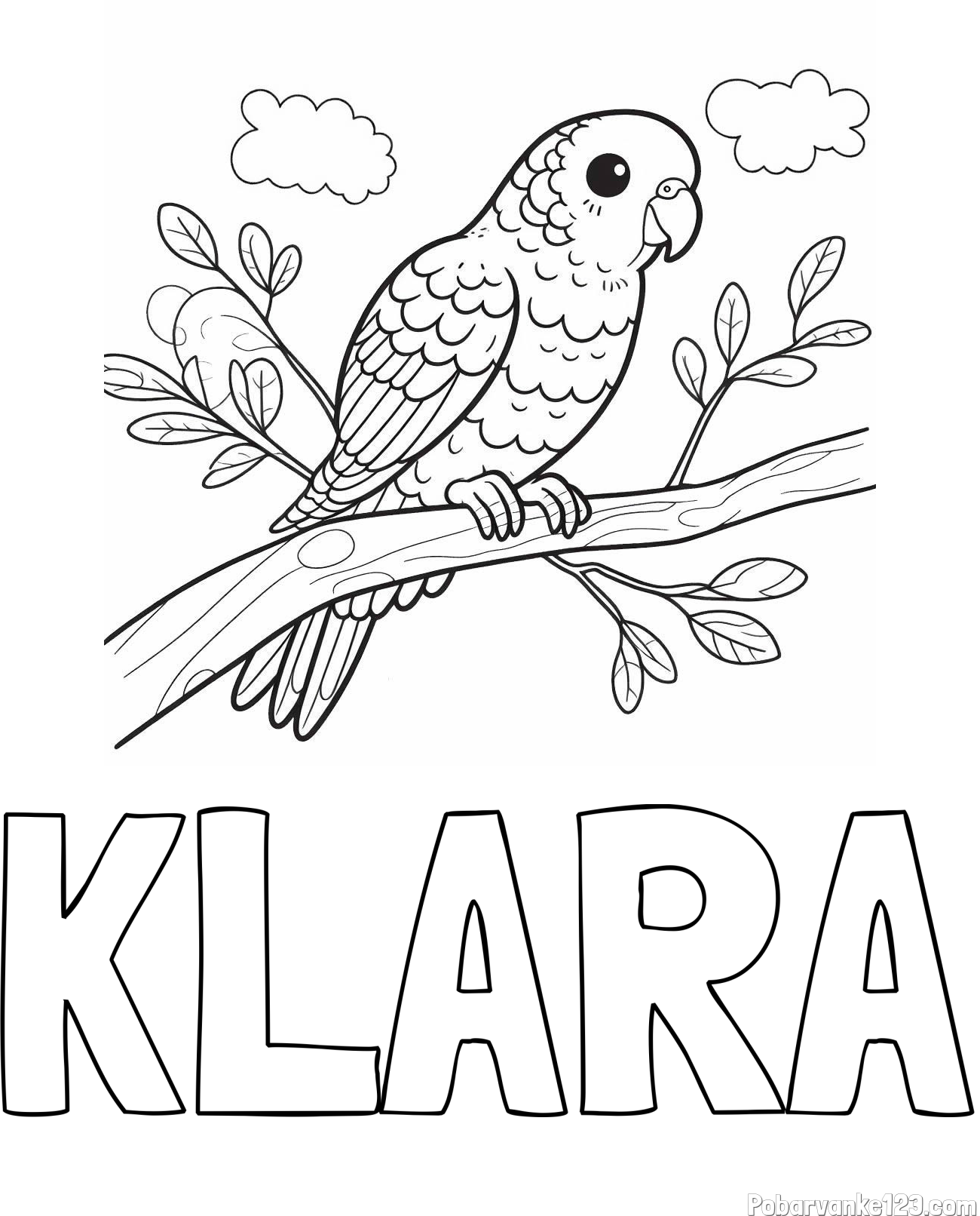 Pobarvanka imena KLARA in pobarvanka ljubkega kanarčka na veji