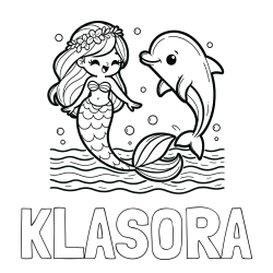 Online izdelana pobarvanka - Pobarvanka imena KLASORA in pobarvanka ljubke morske deklice, ki pleše z delfinom