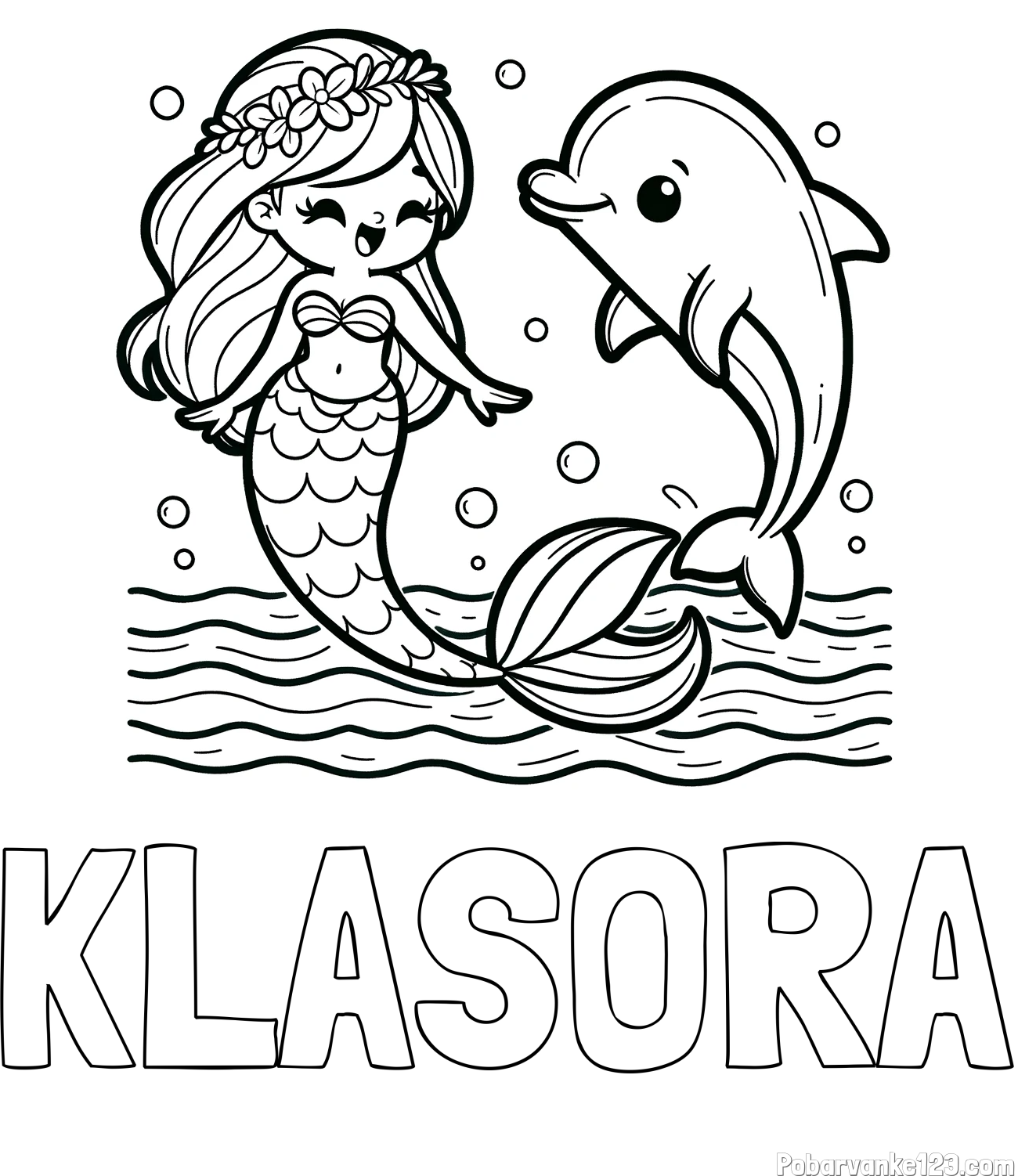 Pobarvanka imena KLASORA in pobarvanka ljubke morske deklice, ki pleše z delfinom