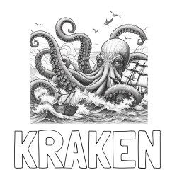 Online izdelana pobarvanka - Pobarvanka imena KRAKEN in pobarvanka orjaške hobotnice, ki je napadla veliko gusarsko ladjo