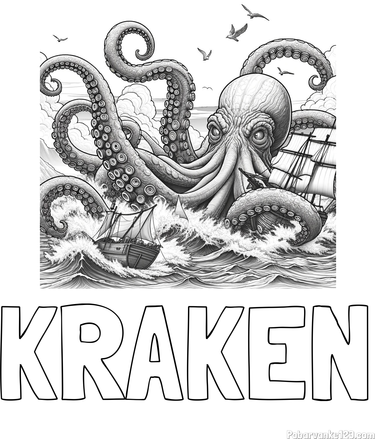 Pobarvanka imena KRAKEN in pobarvanka orjaške hobotnice, ki je napadla veliko gusarsko ladjo
